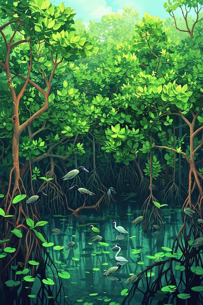 Desarrollar una pintura digital que capture el intrincado ecosistema de un bosque de manglares.