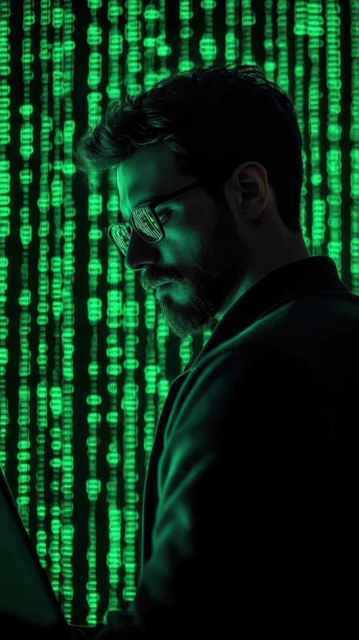 Foto desarrollo centrado en la escritura de código en un entorno de estilo matriz verde rodeado de flujos de datos digitales atmósfera transmite un sentido de innovación y tecnología