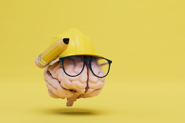 Desarrollo de un cerebro de plan de construcción en gafas con un lápiz y en un casco de construcción