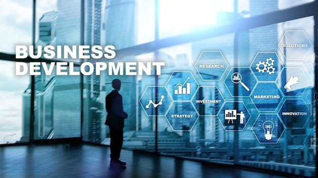 Desarrollo empresarial Startup Estadísticas de crecimiento Plan financiero Proceso de desarrollo de estrategia Concepto gráfico