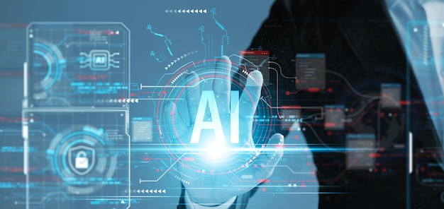 Desarrollo de la inteligencia artificial (IA) La gente de negocios experimenta la función del cerebro Algoritmos de inteligencia artificial Nueva generación de tecnologías conectadas e innovadoras Aprendizaje automático