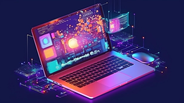 Foto el desarrollo o la programación de software es una idea abstracta, una vista superior de la pantalla de un portátil que muestra iconos de negocios, lenguajes de programación o fragmentos de codificación la ia generativa