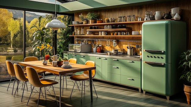 Desarrollo de un proyecto de cocina al estilo de los años 60 en suaves tonos verdes. Proyecto para apartamentos.
