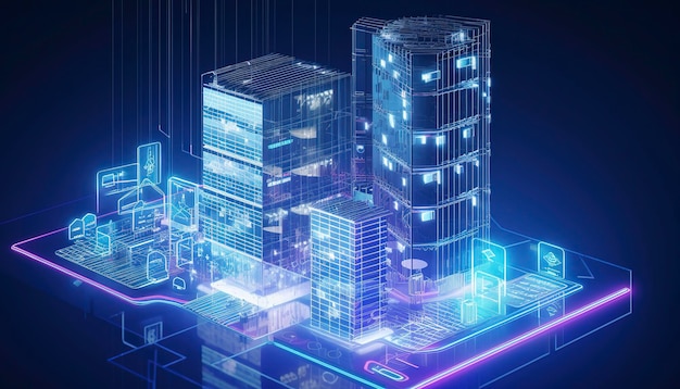 Desarrollo de sistemas informáticos de arquitectura de un edificio inteligente Diseño de construcción de edificios modernos con controles de IA Proyecto de construcción de casas inteligentes con inteligencia artificial genera IA