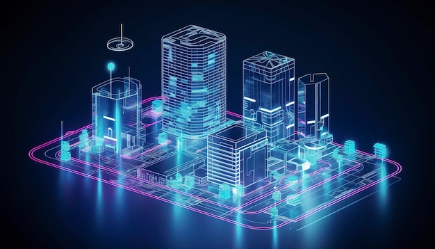 Desarrollo de sistemas informáticos de arquitectura de un edificio inteligente. Diseño de construcción de edificios modernos con controles de IA. Proyecto de construcción de casas inteligentes con inteligencia artificial. Generación de IA.