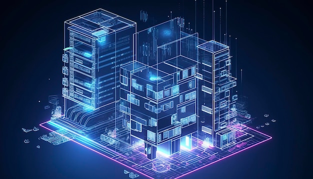 Desarrollo de sistemas informáticos de arquitectura de un edificio inteligente. Diseño de construcción de edificios modernos con controles de IA. Proyecto de construcción de casas inteligentes con inteligencia artificial. Generación de IA.