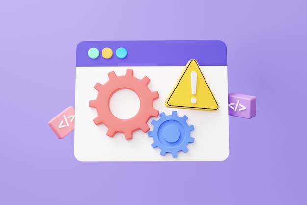 Desarrollo de sitios web de lenguaje de codificación flotando en fondo púrpura concepto de desarrollador de software sistema de errores símbolo de advertencia web UIUX datos de programa de diseño estilo de dibujos animados mínimo ilustración de renderización 3D