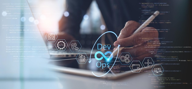 Desarrollo de software DevOps y operaciones de TI ingeniero de software gerente de proyecto que trabaja en metodología ágil icono de dev ops y javascript concepto de tecnología de programación de operaciones de desarrollo