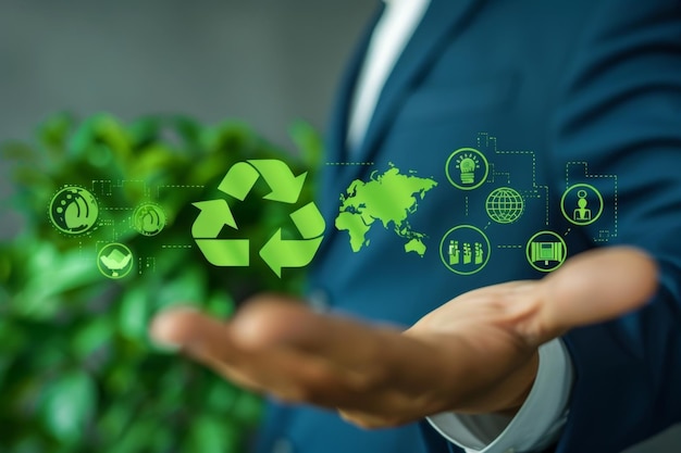 Desarrollo sostenible Concepto de medio ambiente y ecología Un hombre de negocios con un holograma de medio ambiente