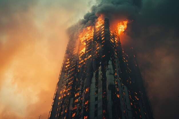 Foto desastre de incêndio edifício engolido colunas de fumaça sobem do inferno altíssimo