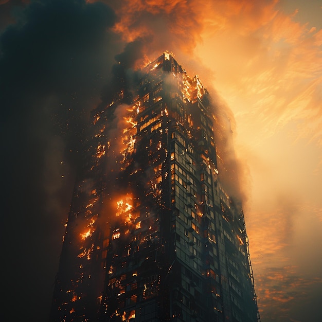 Foto desastre de incêndio edifício engolido colunas de fumaça sobem do inferno para a mídia social post size