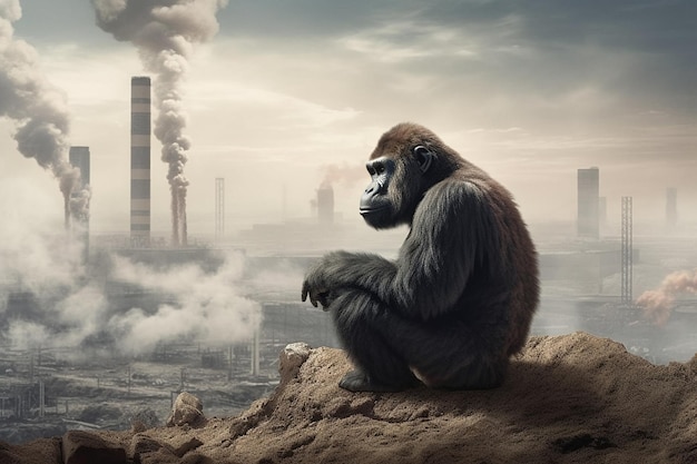 Desastre de gorila y fábrica industrial para animales salvajes daños al medio ambiente y al ecosistema