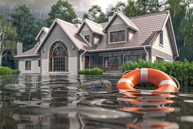 Desastre natural en la casa e inundaciones por tormenta o lluvia con daños en la boya salvavidas