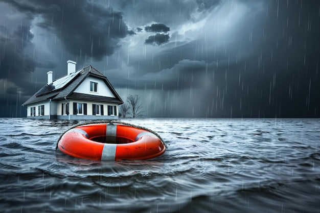 Desastre natural en la casa e inundaciones por tormenta o lluvia con daños en la boya salvavidas