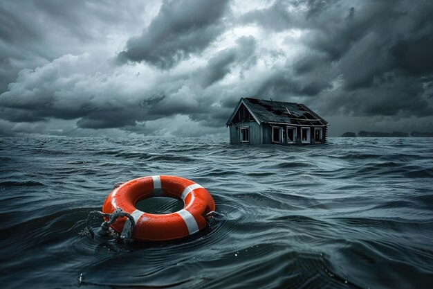 Desastre natural en la casa e inundaciones por tormenta o lluvia con daños en la boya salvavidas