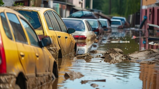 Foto tras el desastre natural, los coches se inundaron en las calles urbanas