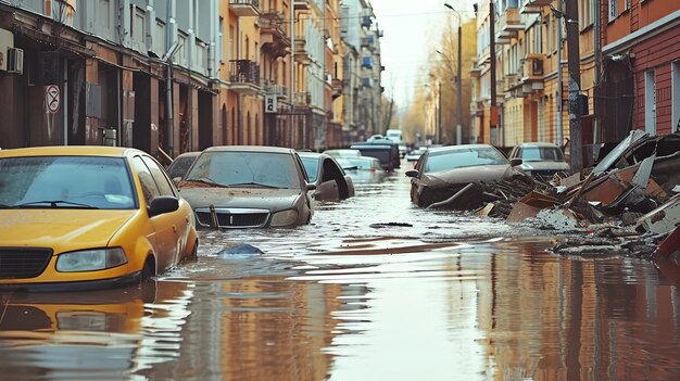 Foto tras el desastre natural, los coches se inundaron en las calles urbanas