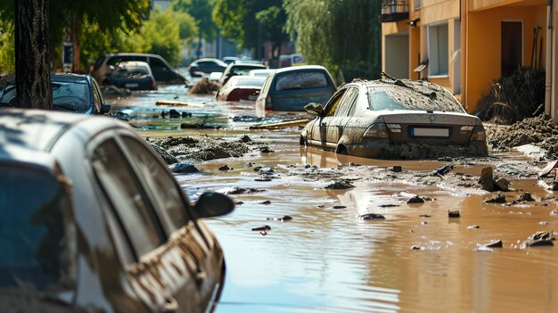 Foto tras el desastre natural, los coches se inundaron en las calles urbanas