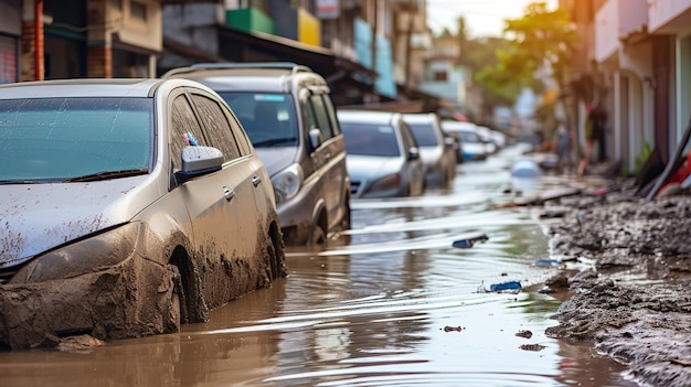 Foto tras el desastre natural, los coches se inundaron en las calles urbanas