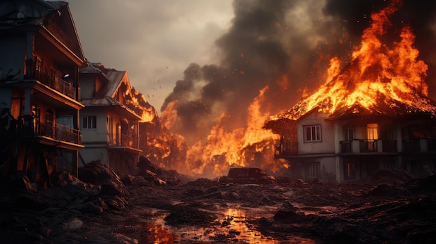 Foto desastre natural incendio de lava en una zona poblada de la ciudad después de una erupción volcánica