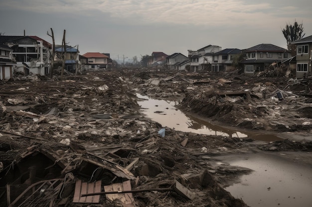 Desastre natural induzido pelas mudanças climáticas com detritos e destruição visíveis no rescaldo