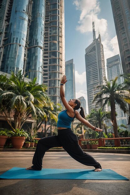 Desatar su fuerza interior y equilibrio mientras canaliza la energía del Día del Yoga en un paisaje urbano dinámico rodeado de rascacielos y calles bulliciosas