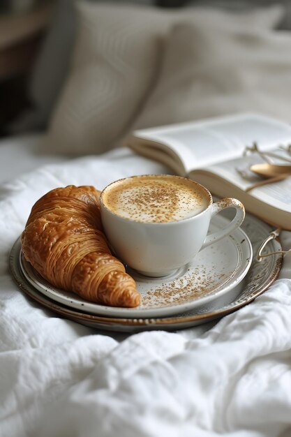 Desayuno acogedor en la cama con un croissant fresco y capuchino en una bandeja de plata con luz natural suave