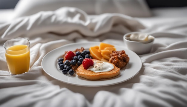 Desayuno acogedor en la cama con frutas frescas y jugo.