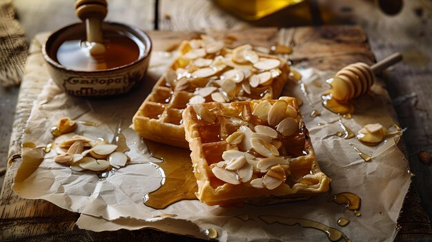 Foto desayuno acogedor con gofres con miel y almendras la cálida luz de la mañana da una sensación hogareña perfecto para blogs de comida y sitios web culinarios ia