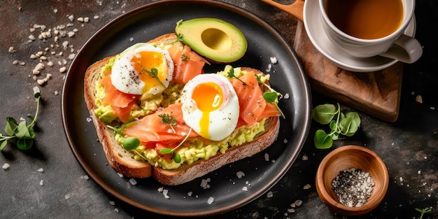 Desayuno con aguacate tostado huevos de salmón y café