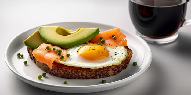 Desayuno con aguacate tostado huevos de salmón y café