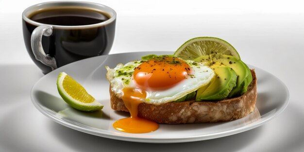 Desayuno con aguacate tostado huevos de salmón y café