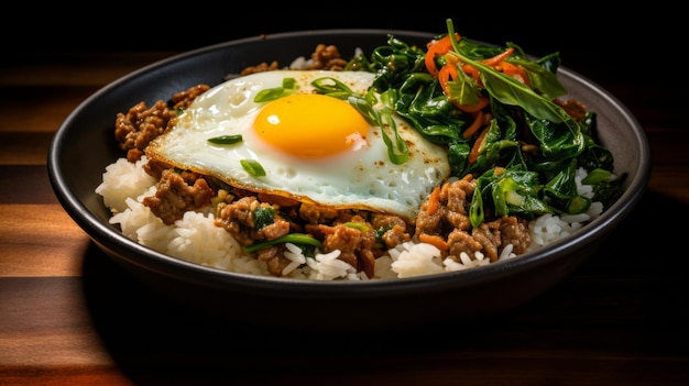 Foto desayuno apetitoso huevos revueltos con carne y ensalada red neuronal generada por ia