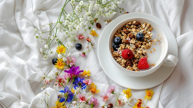 Desayuno de avena con bayas y flores silvestres en la cama blanca