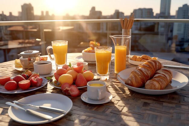 Desayuno en un balcón con vista a la ciudad de fondo