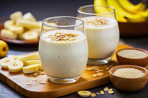 Desayuno de batido de plátano en tazas de vidrio IA generativa