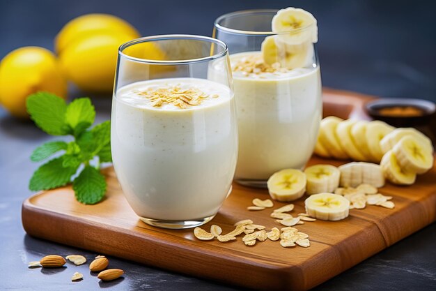 Desayuno de batido de plátano en tazas de vidrio IA generativa