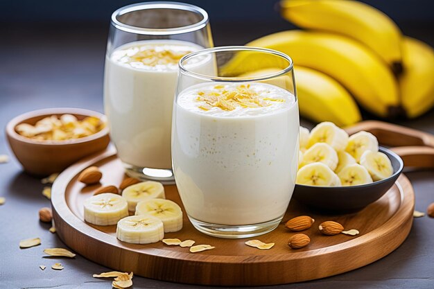 Desayuno de batido de plátano en tazas de vidrio IA generativa