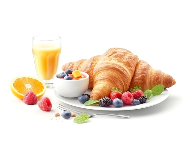 Desayuno con bayas de avena y croissant sobre fondo blanco.