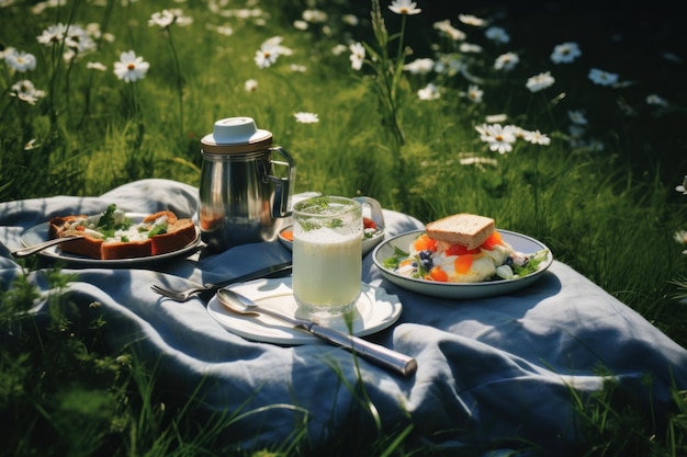 El desayuno besado por el sol en el suelo la hierba de la naturaleza genera Ai