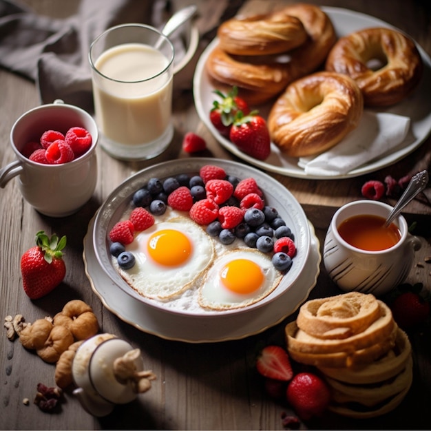 Desayuno con café croissants huevos y bayas sobre fondo de madera