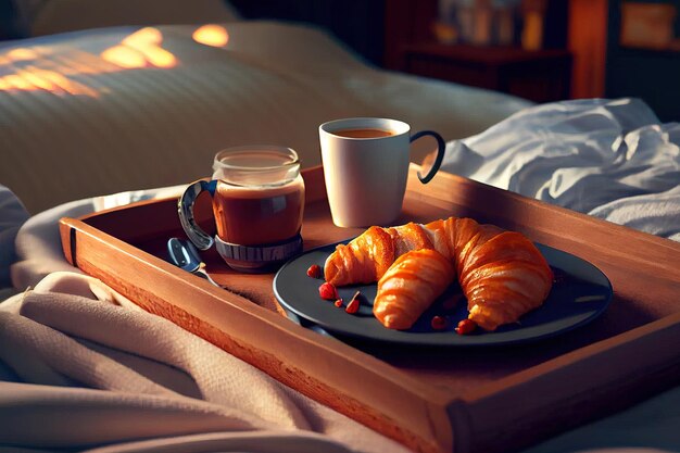 Desayuno en la cama con croissants frutero comida