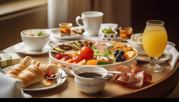 Desayuno en una cama en una habitación de hotel