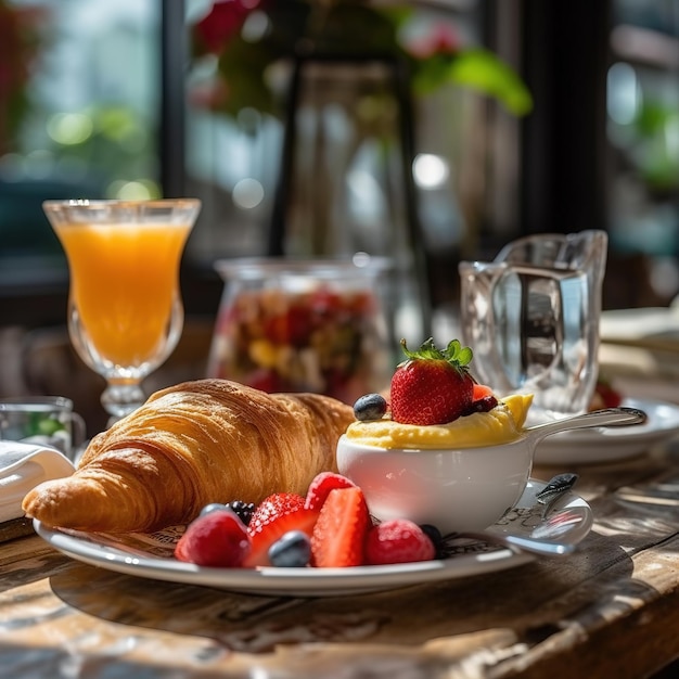 Desayuno en una cama en una habitación de hotel