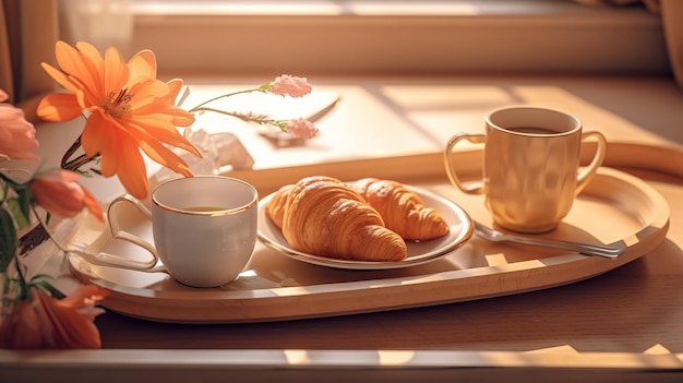 Desayuno en una cama en una habitación de hotel