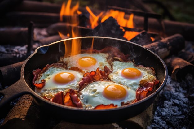 Desayuno de campamento con tocino y huevos en una sartén de hierro fundido