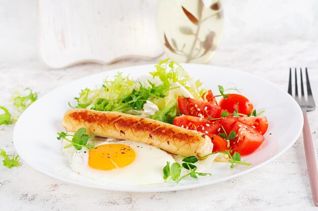 Desayuno ceto Huevo frito y salchicha de pollo y ensalada fresca