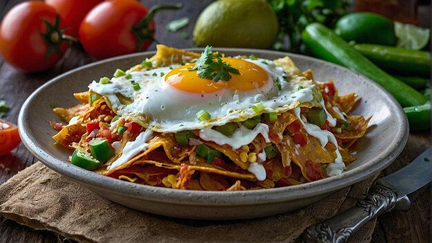 Foto desayuno de chilaquiles con agua para la boca por ia generativa