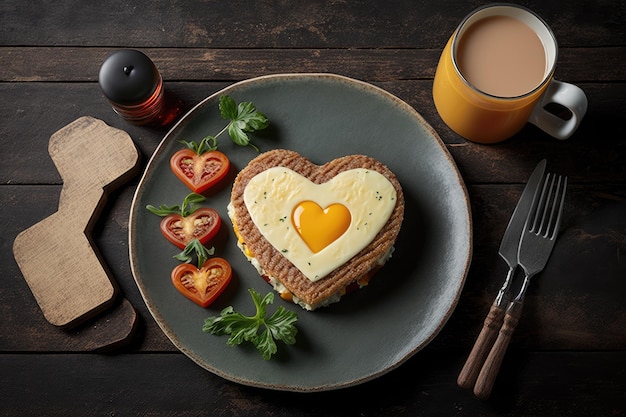 Desayuno con chuleta frita y queso en forma de hamburguesa con forma de corazón