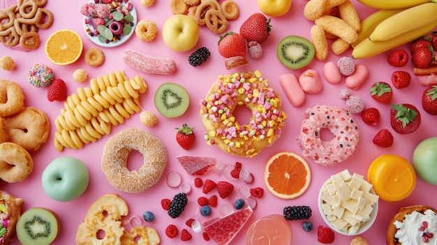 Foto desayuno colorido con pasteles y frutas en superficie rosada